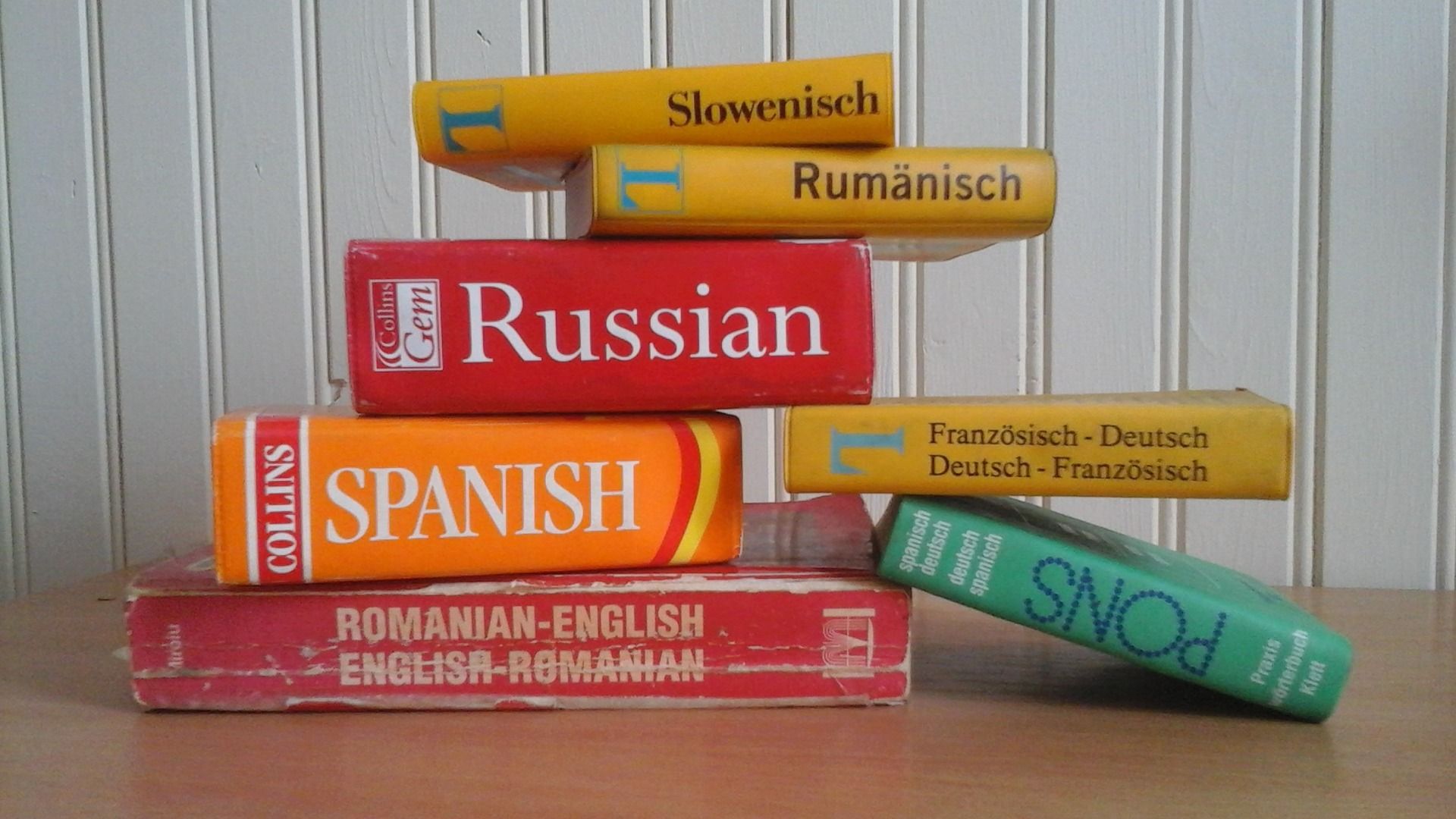 Foreign language dictionaries on a table