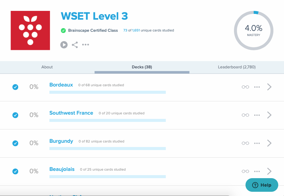 Brainscape’s WSET Level 3 study program Brainscape dashboard