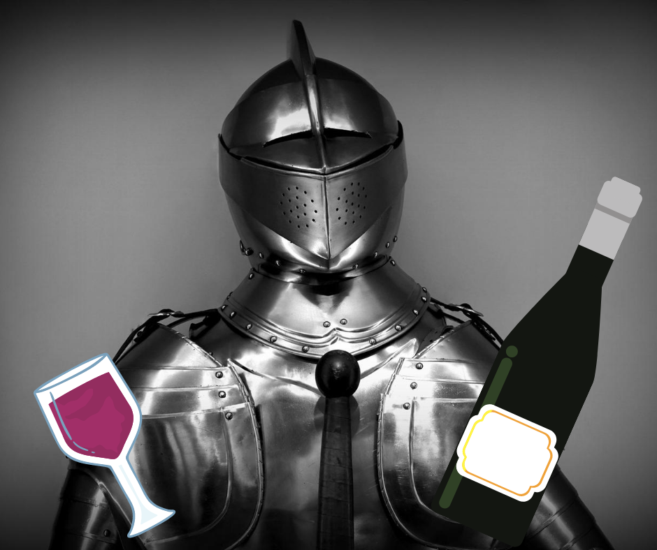 Knight holding a wine glass and bottle