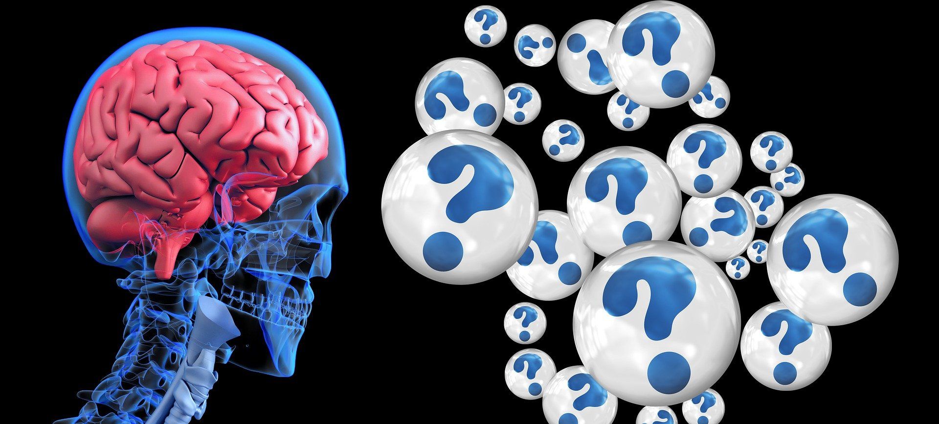 brain with question marks, complex computing power within brains