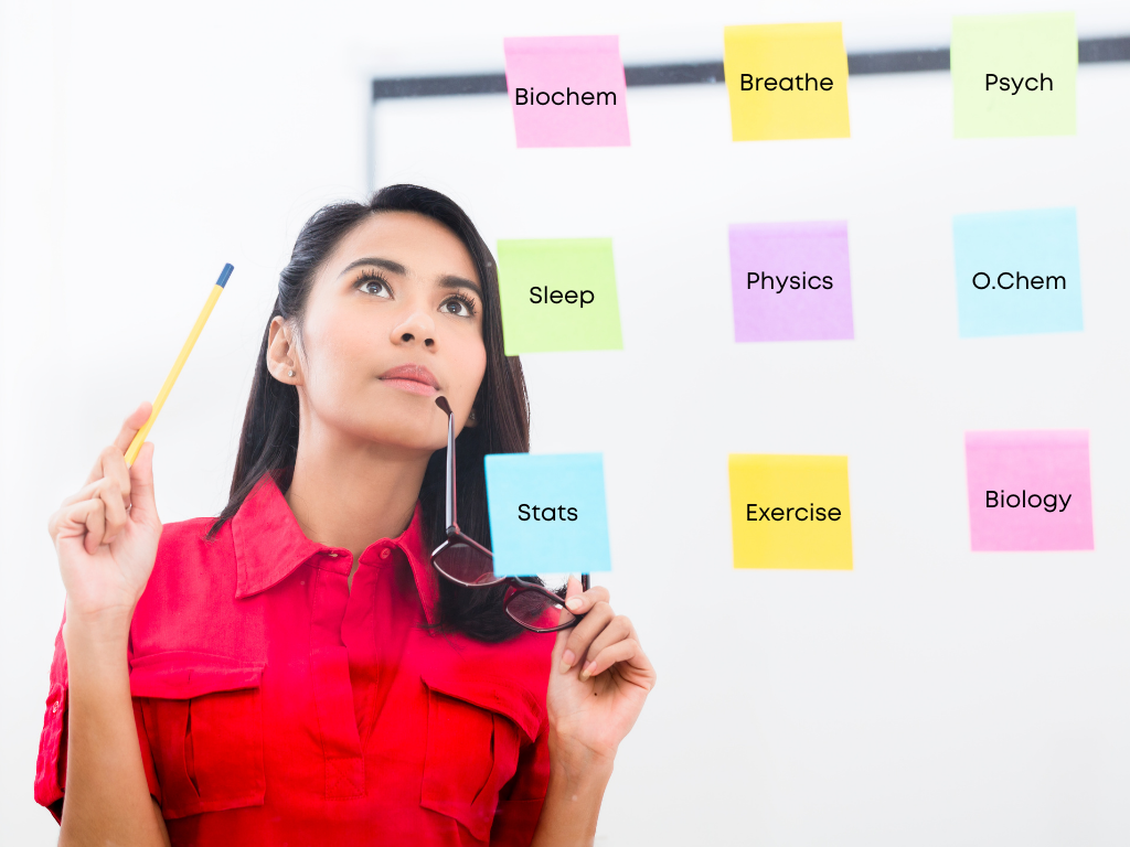 Lady looking at sticky notes; How to study for the MCAT