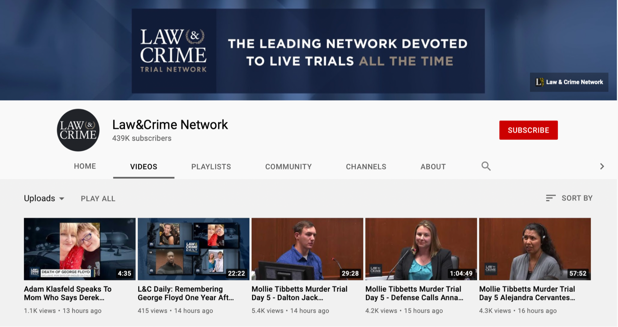 Law and Crime Network youtube channel videos screen