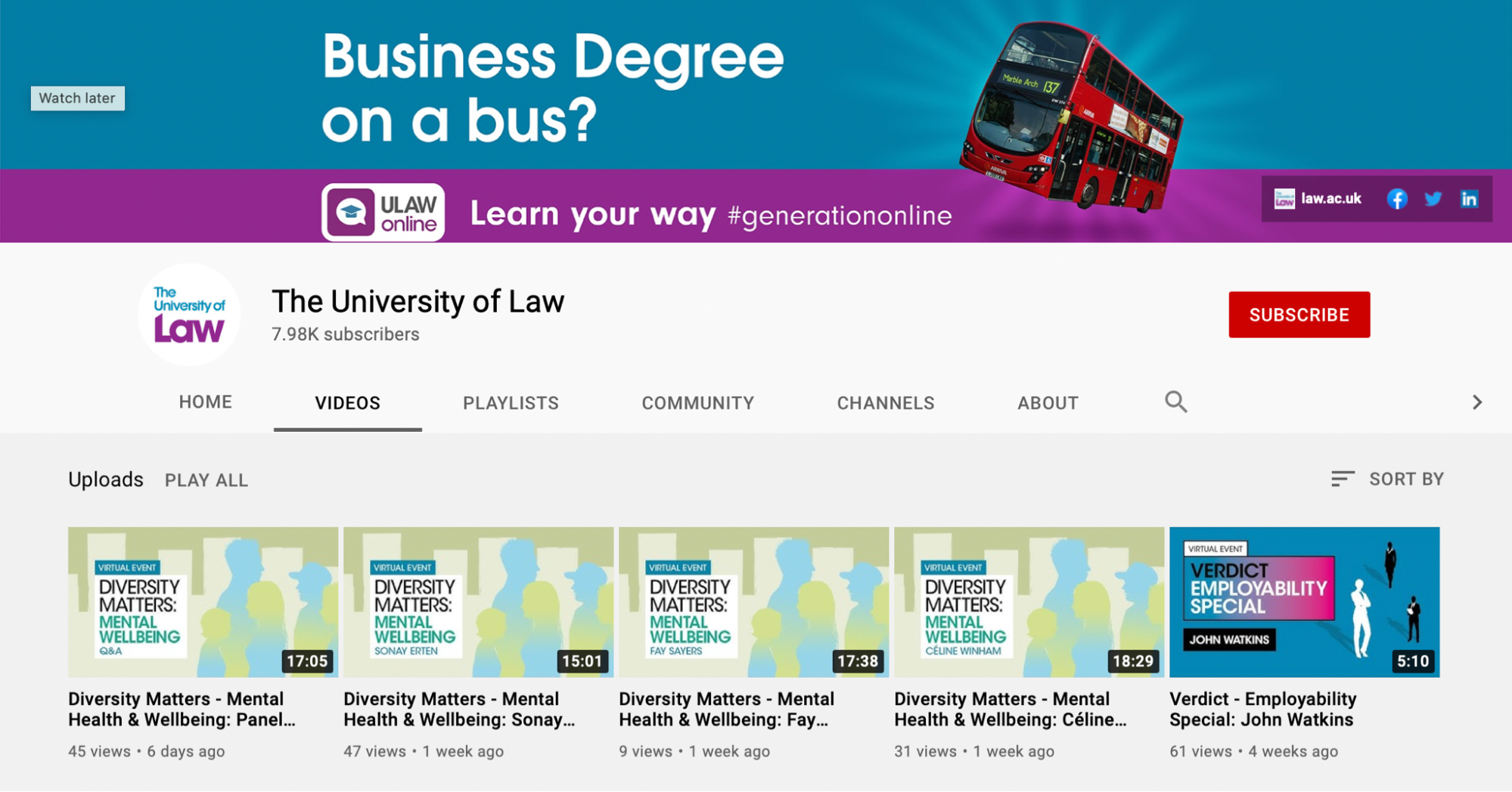 University of Law youtube channel videos screen