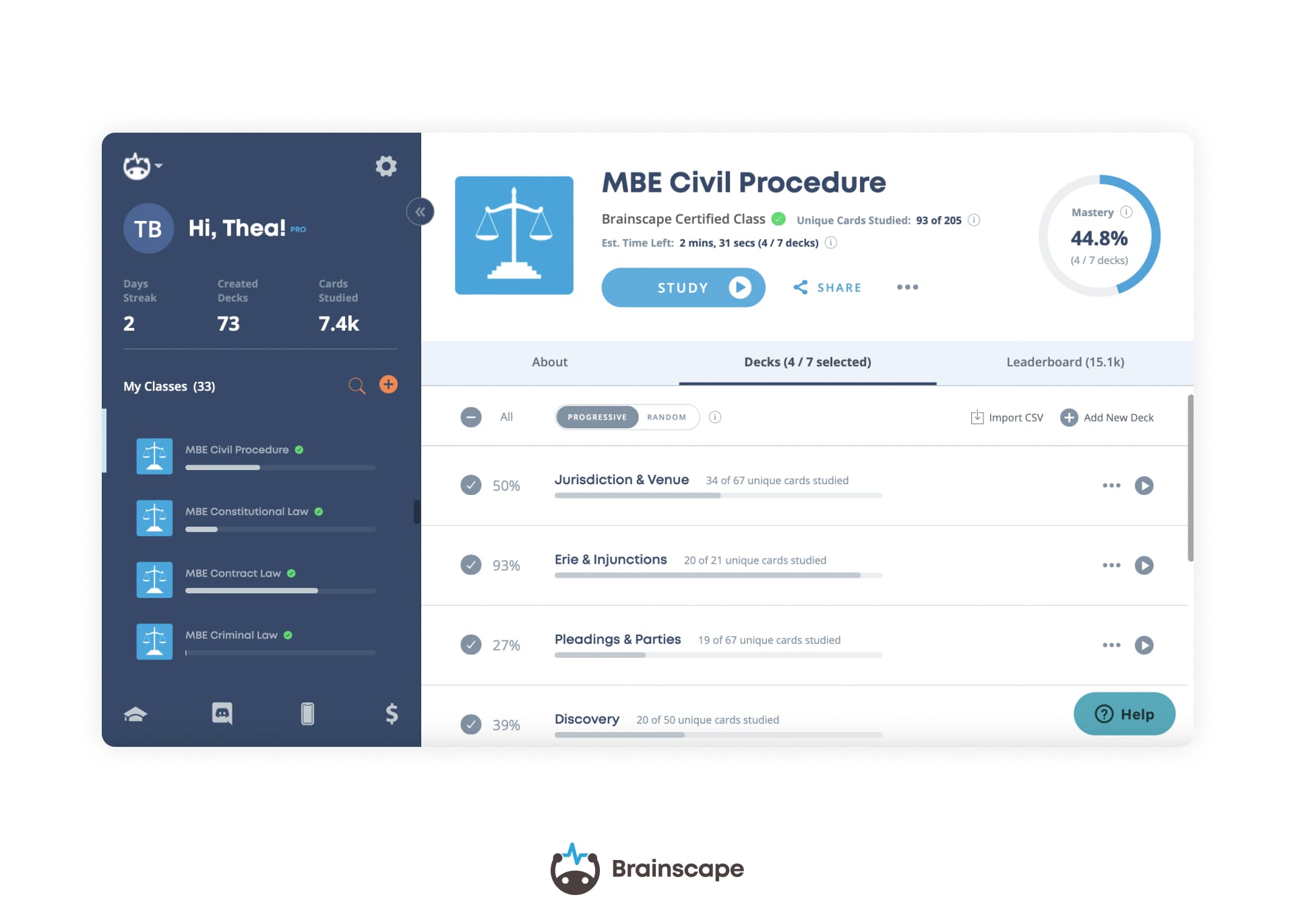 Brainscape's MBE flashcards web dashboard