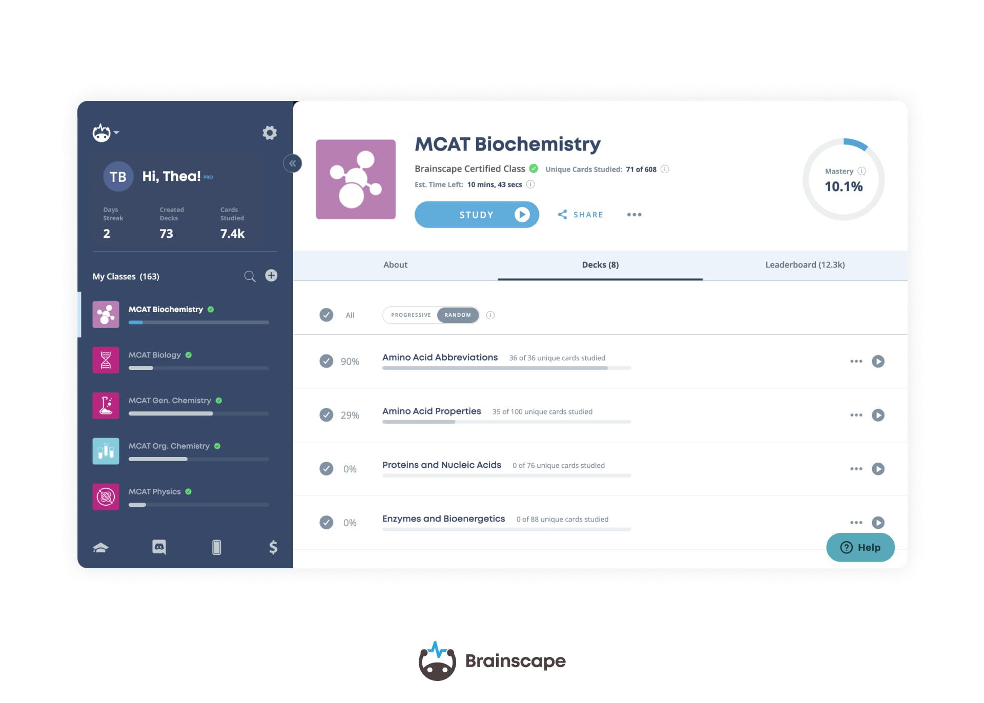 MCAT Flashcards Dashboard (Web)