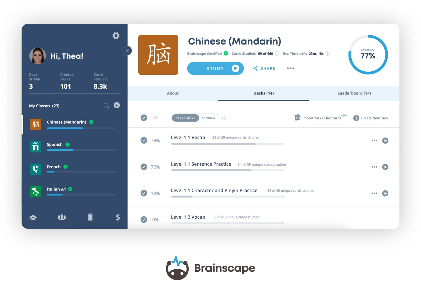 Learn Mandarin Flashcards in Brainscape Web