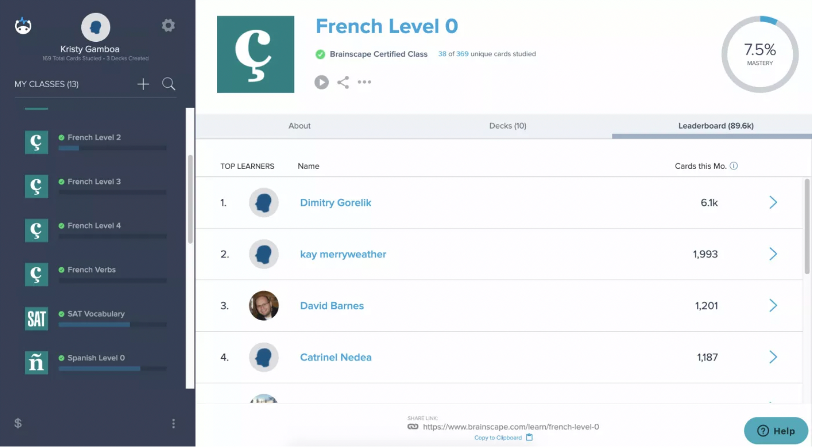 Brainscape Class leaderboard for French Level 0