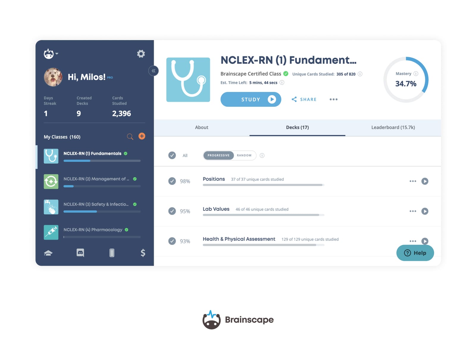 Brainscape's NCLEX Flashcards Dashboard (Web)